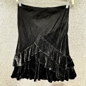 Y2k Sunny Leigh Velvet Ruffle Skirt 6 Black Side Zip Knee Length Whimsigoth